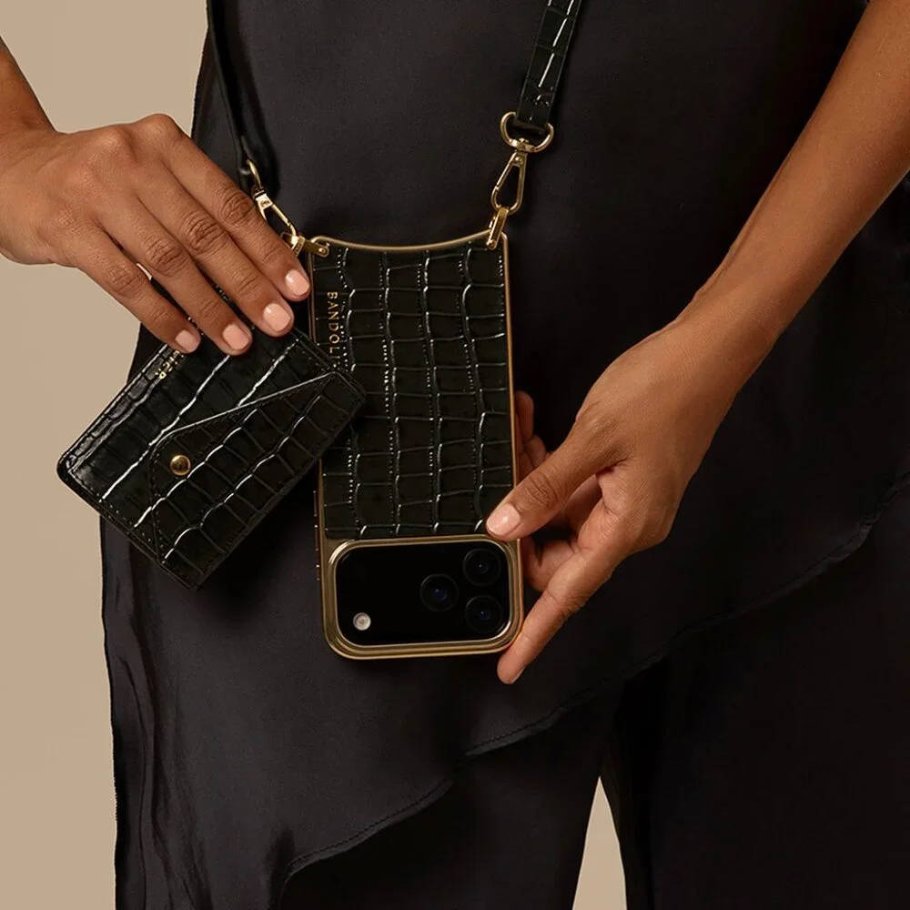 Bandolier Black Croc-Embossed Leather Crossbody I phone 16 case with Gold